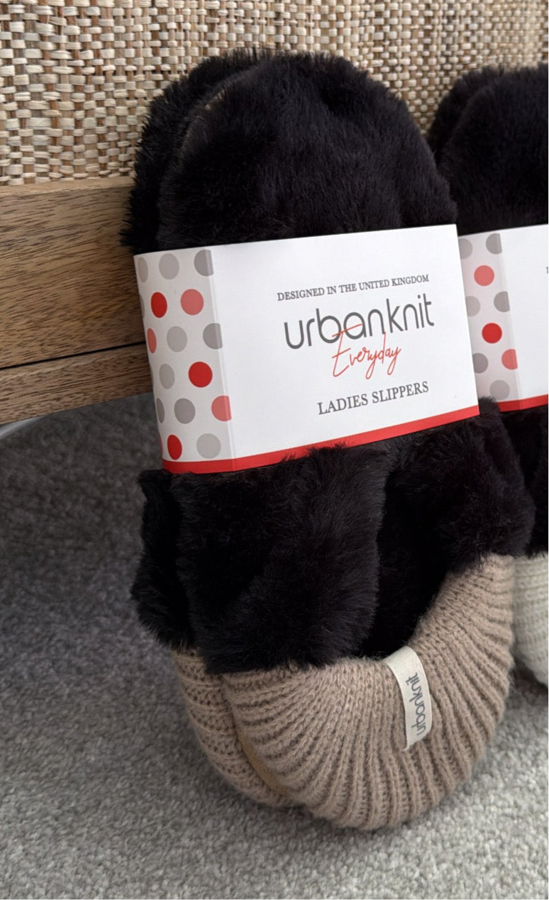 Ladies Everyday Fur Slipper Black/Caramel