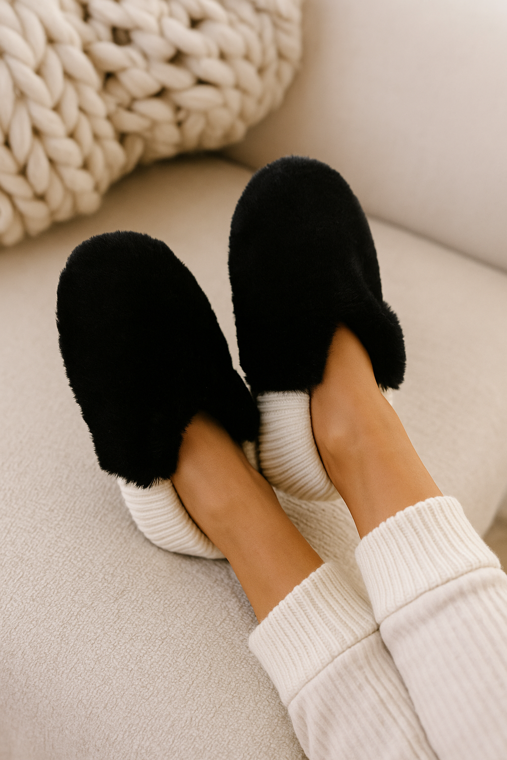 Ladies Everyday Fur Slipper Black/Cream
