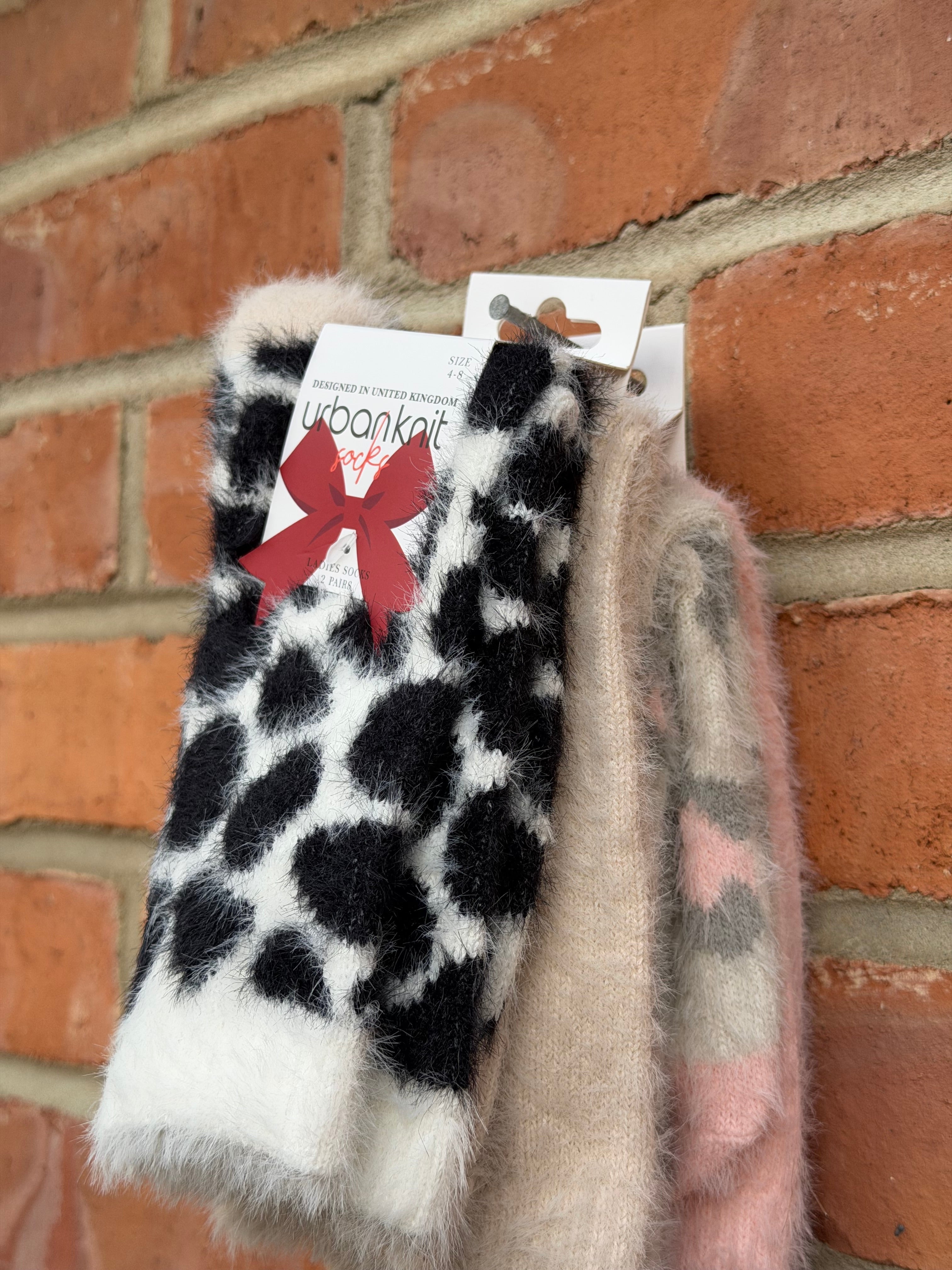 Ladies 2 Pair Pack Fluffy Cow Print Socks