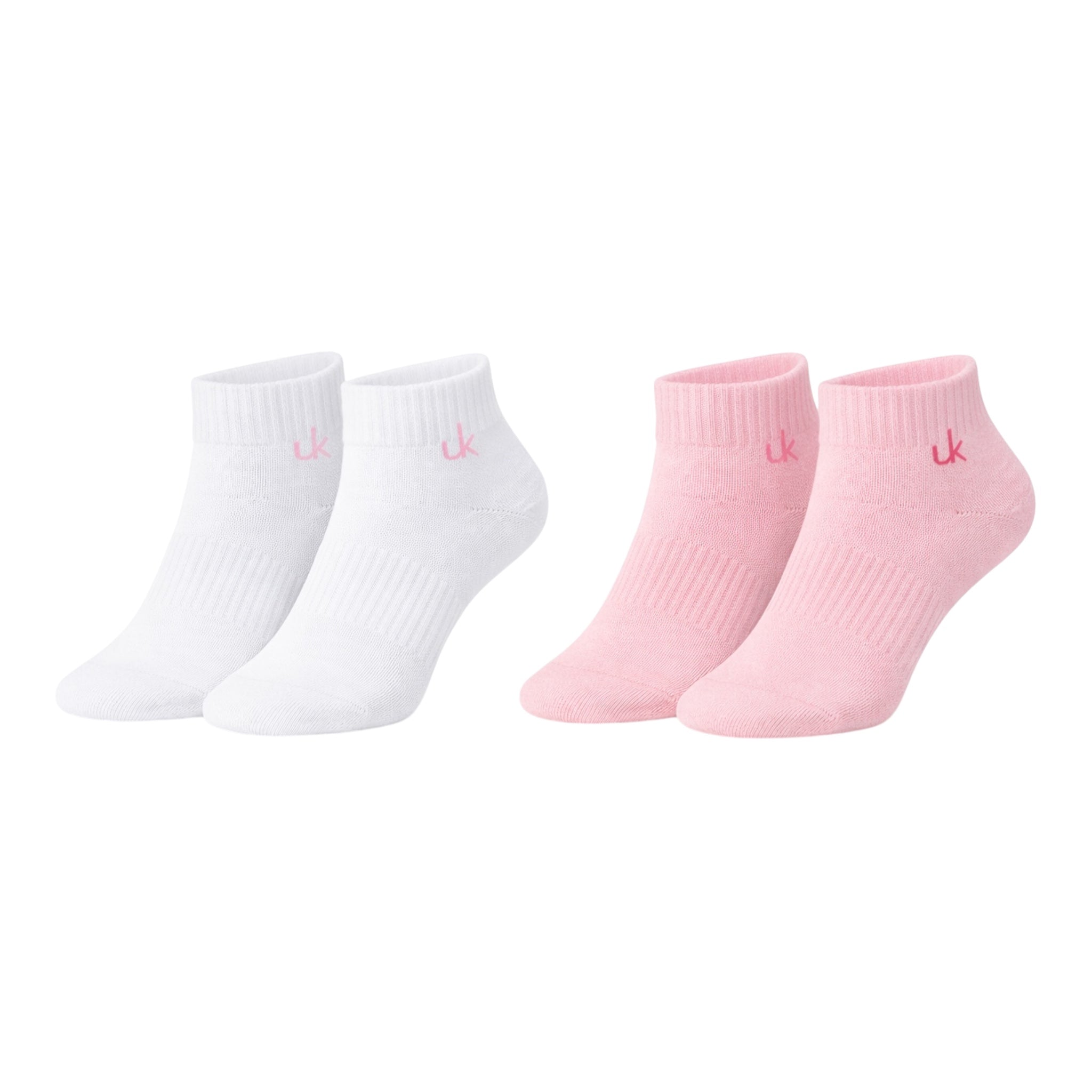 Ladies 2pp Pilates Cropped Sports Socks - White/Pink