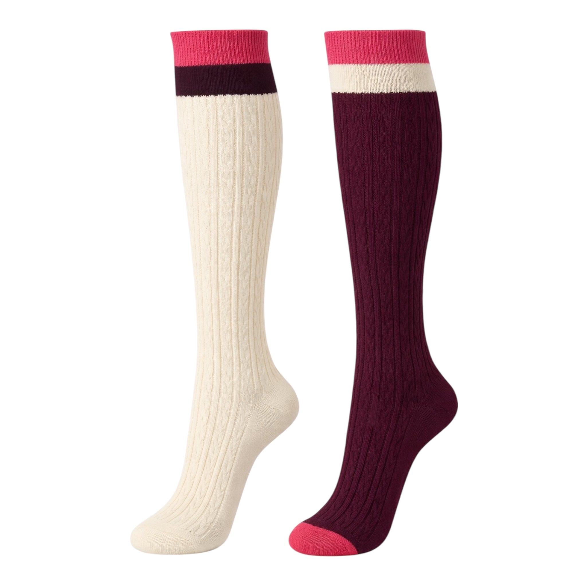 Ladies 2pr Wine/Ecru Knee High