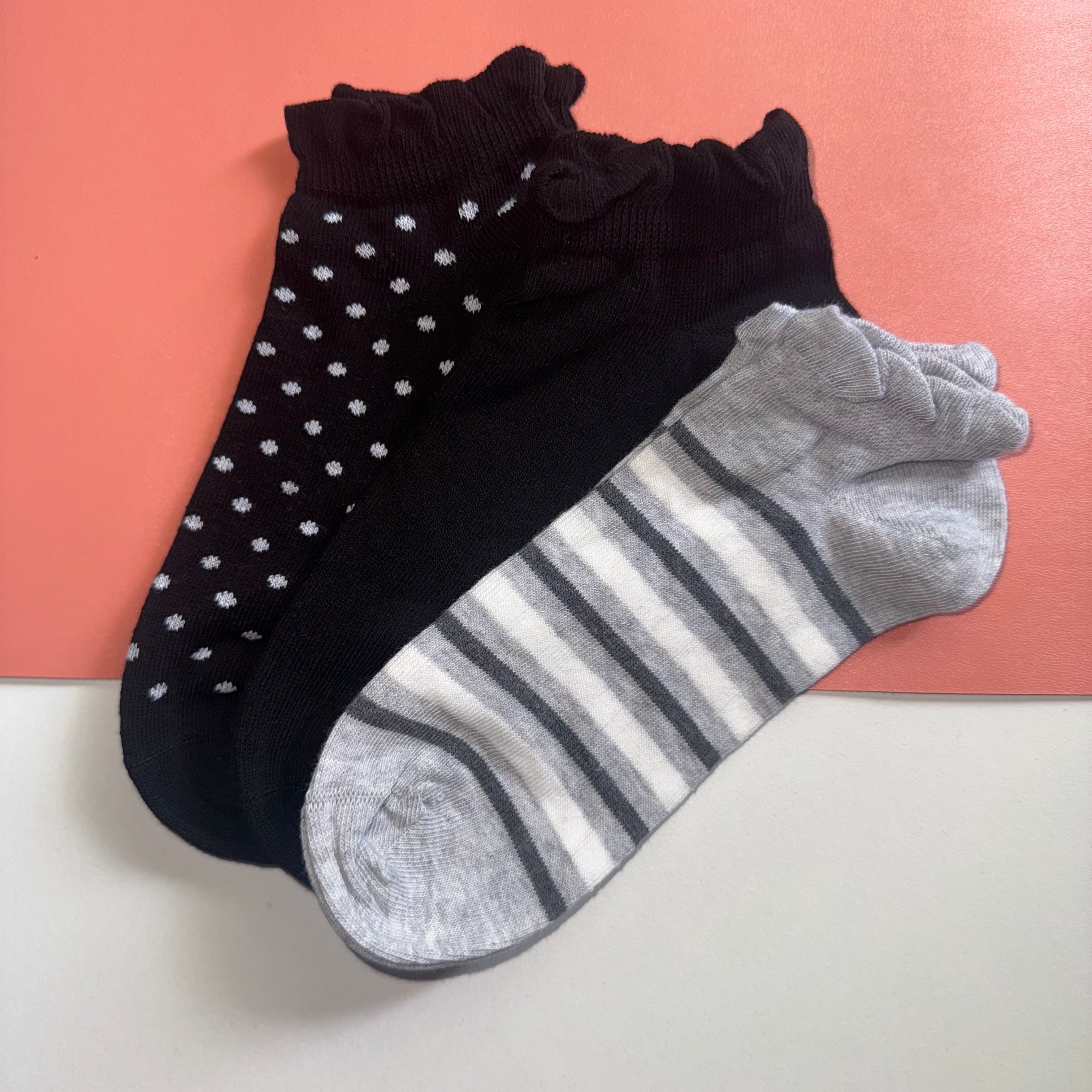 Ladies 3pp Trainer Liner Socks - Spot/Stripe