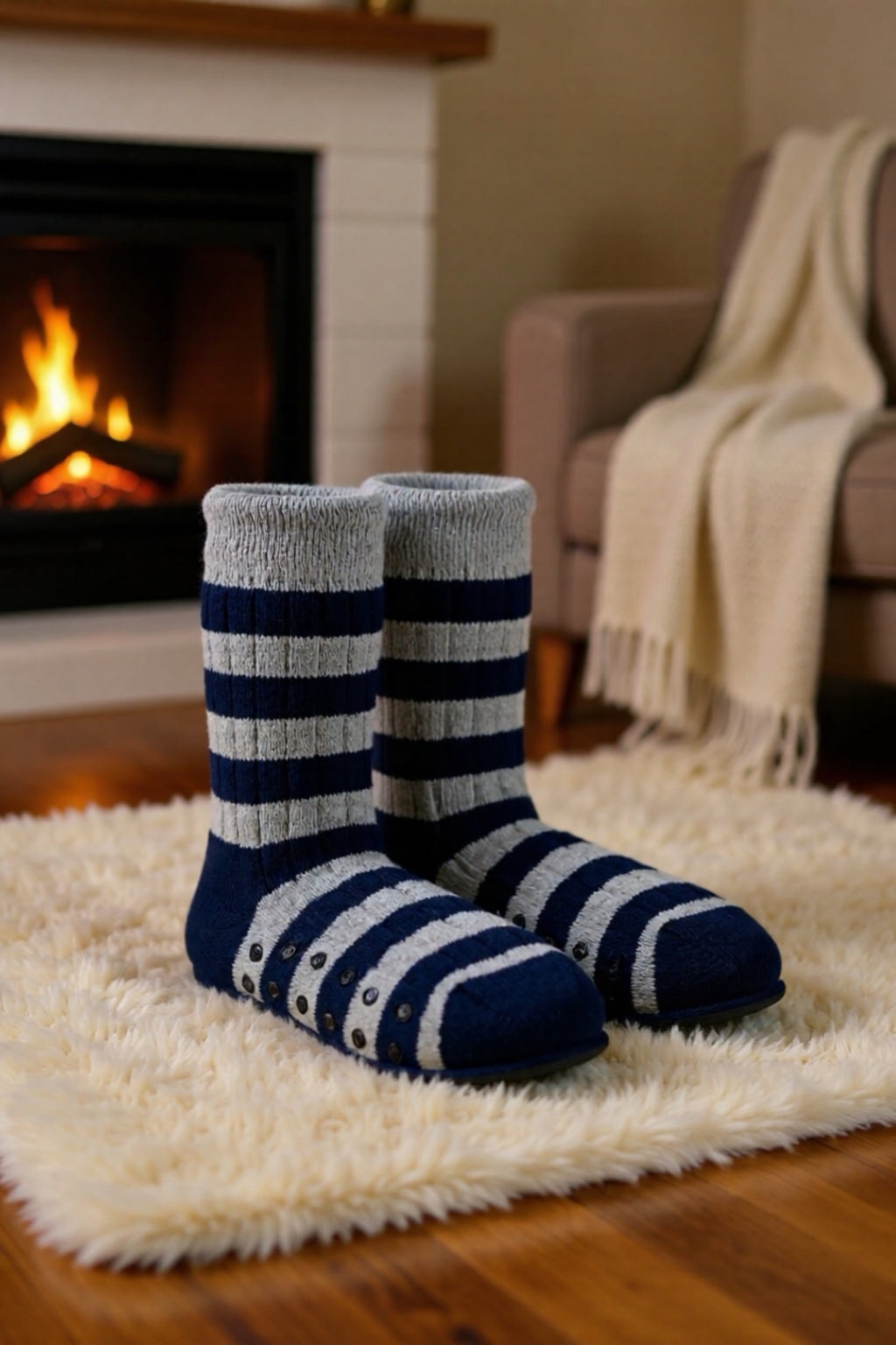 Men’s Ribbed Slipper Socks - Navy/Grey