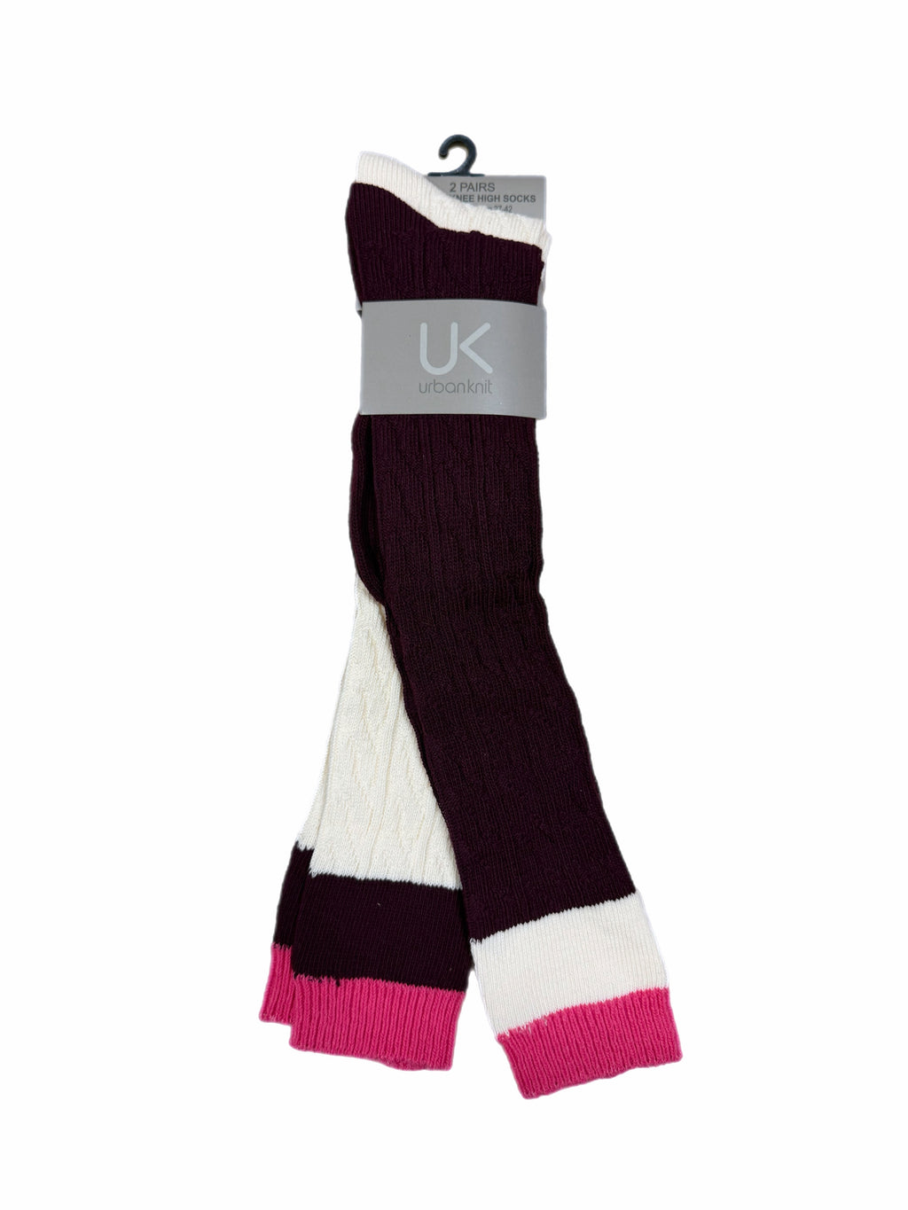 Ladies 2pr Wine/Ecru Knee High