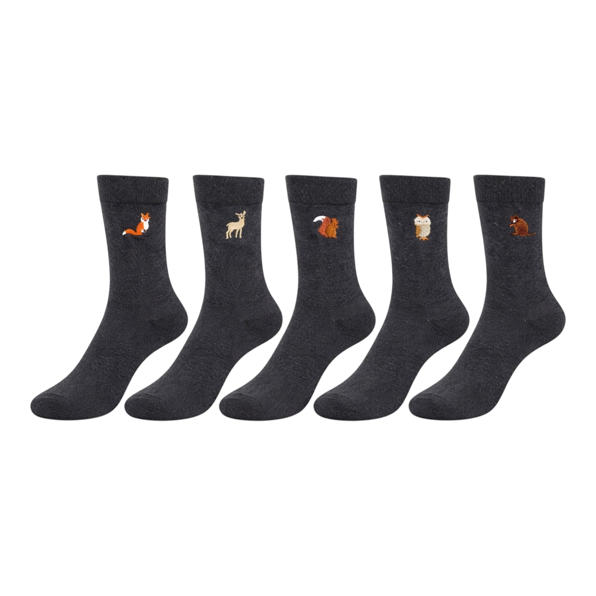Men's 5pp Embroidery Charcoal Woodland Animals Socks