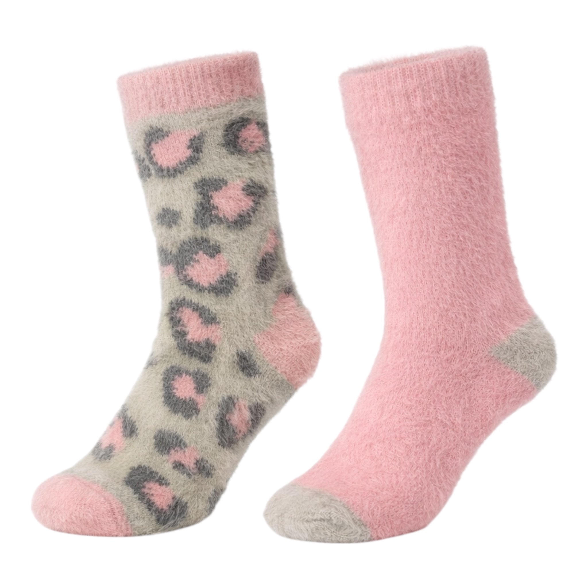 Ladies 2 Pair Pack Fluffy Leopard Print Socks
