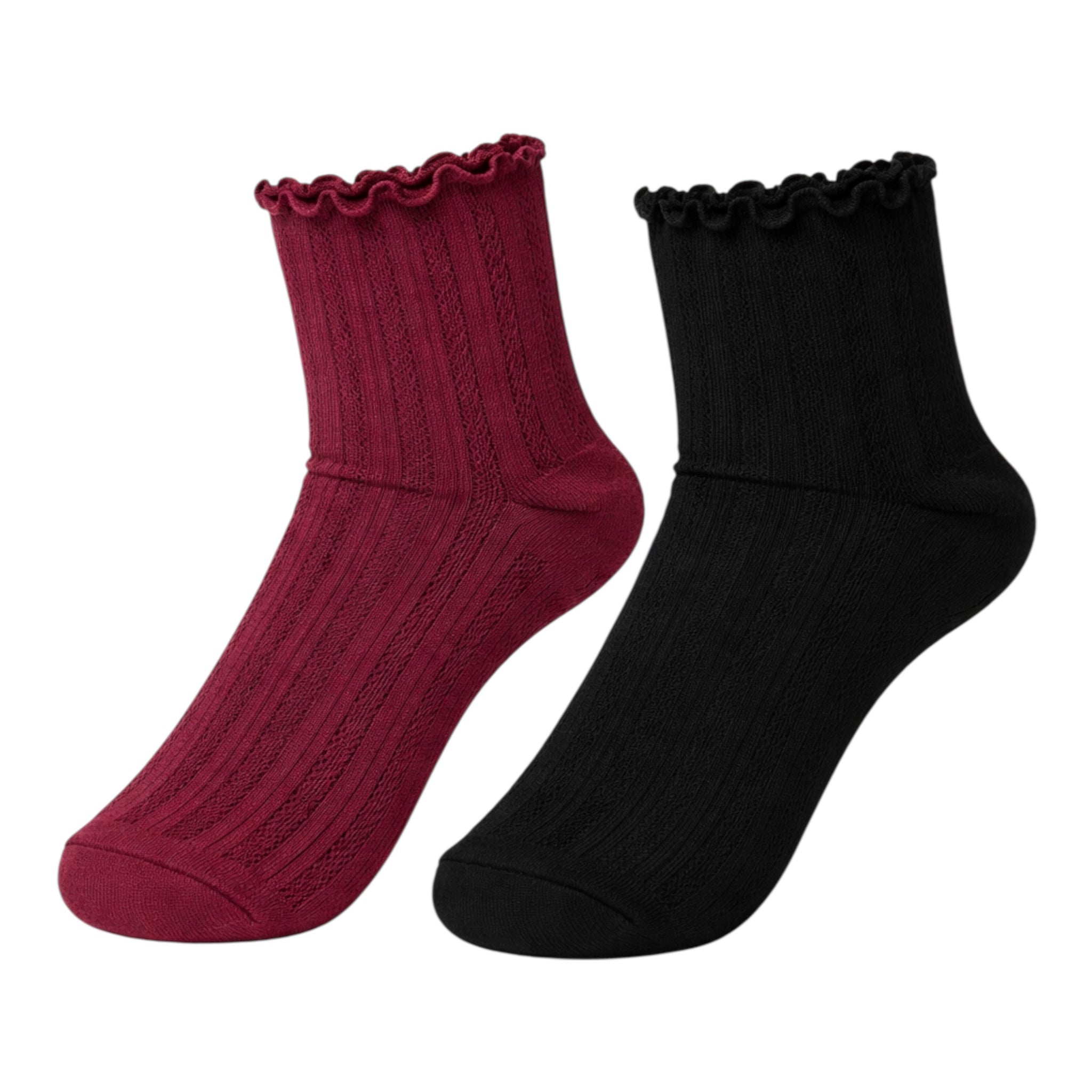 Ladies 2 Pair Pack Frill Burgundy Black Socks