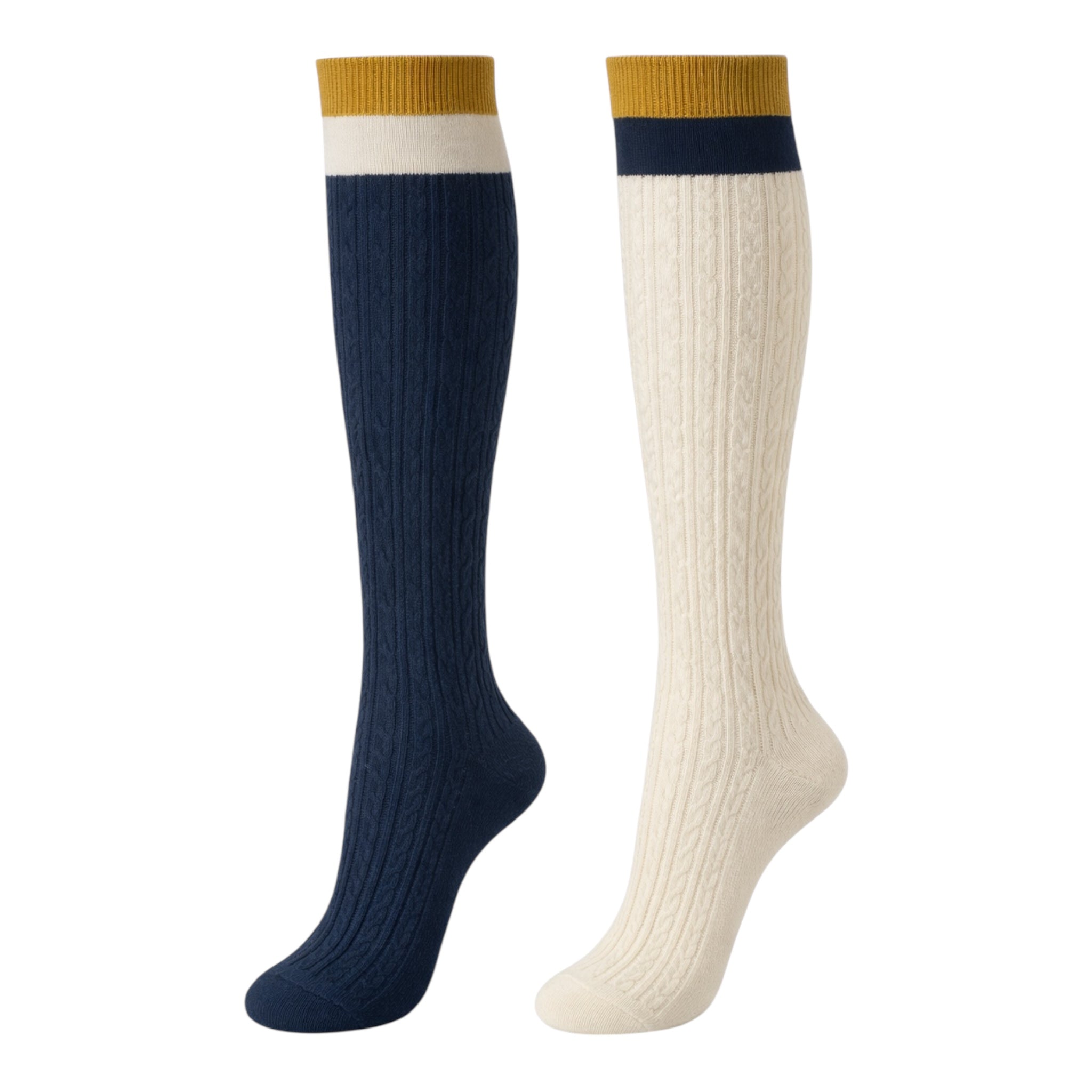 Ladies 2pr Navy & Cream Knee High