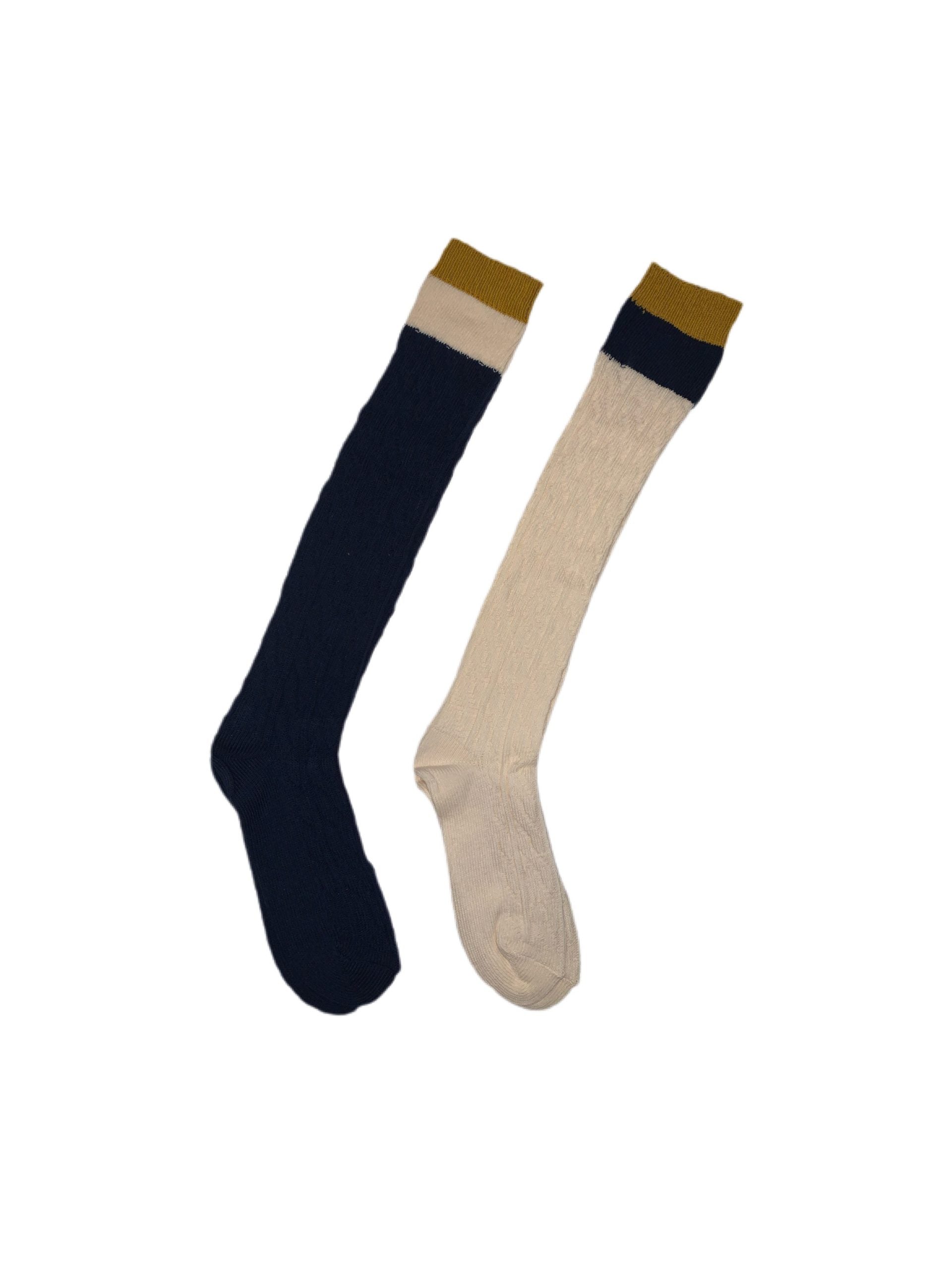 Ladies 2pr Navy & Cream Knee High