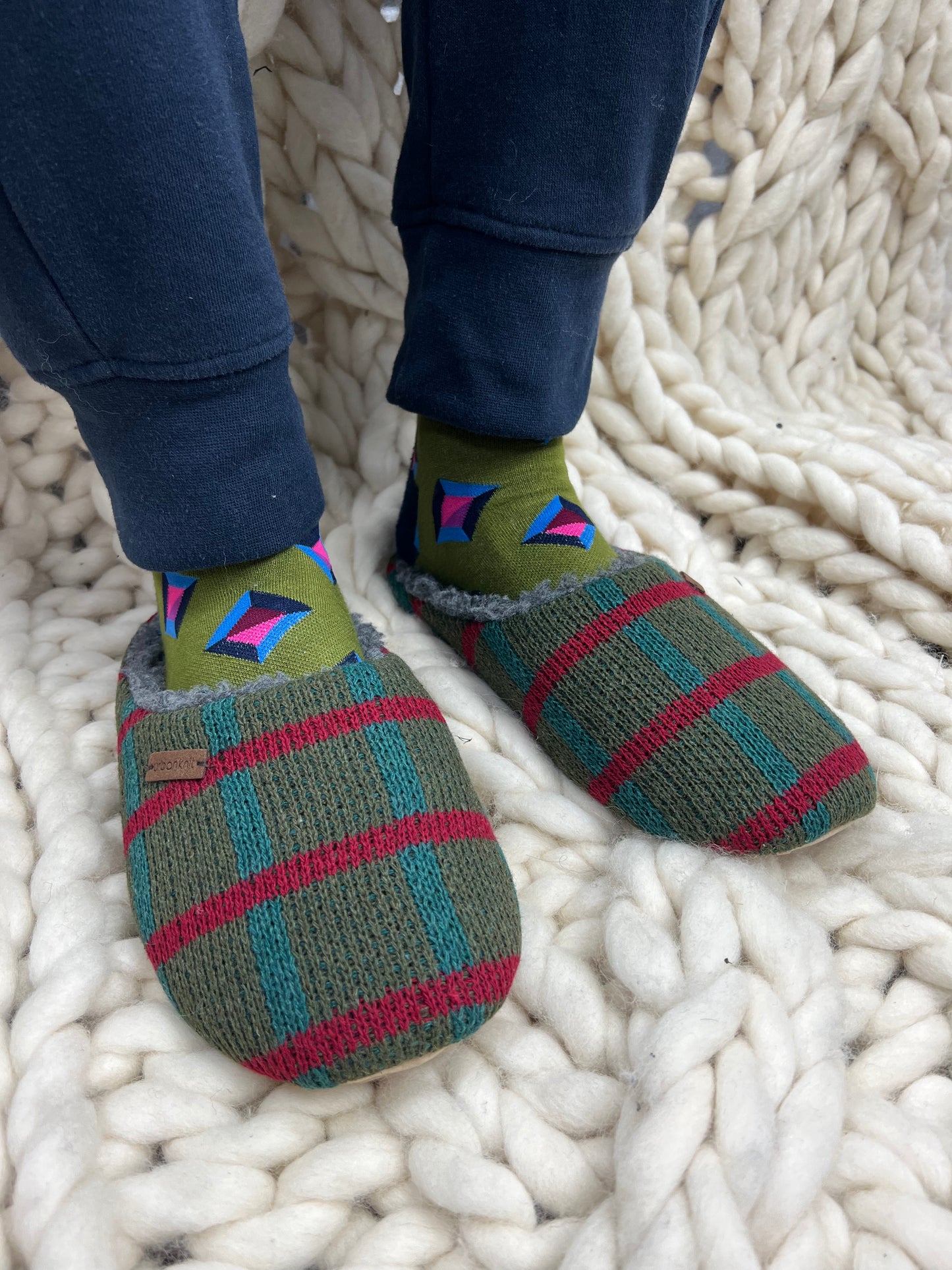 Men's Olive Check Cosy Slippers